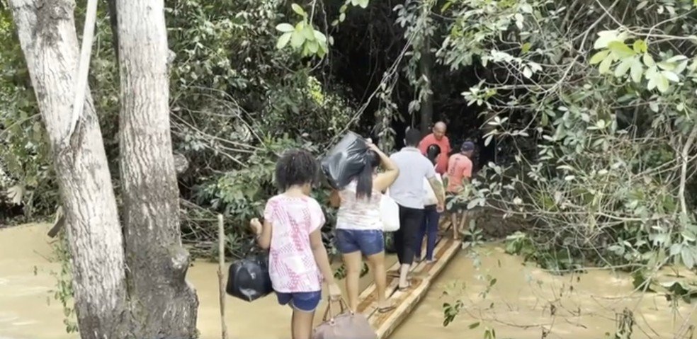 Moradores improvisam ponte com troncos após rompimento de rodovia durante chuvas no Piauí