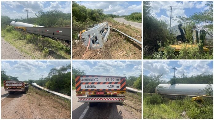 Carreta com pá eólica tomba em curva na BR-407 próximo a Patos do Piauí
