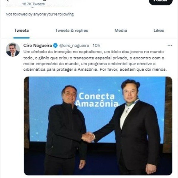 “Por favor, aceitem que dói menos”, diz Ciro em postagem no Twitter com foto de Bolsonaro e Musk