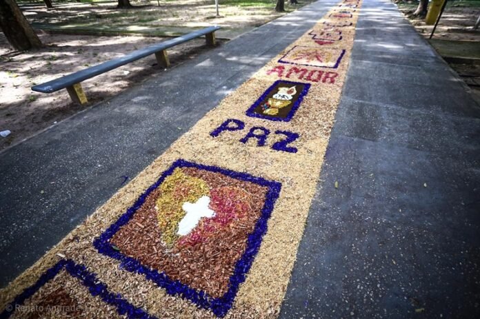 Fiéis confeccionam tapete de 1,3 km para celebrar Corpus Christi em Teresina
