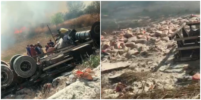 Caminhão carregado de farinha de trigo tomba na ladeira do 'S' em Marcolândia e motorista fica preso às ferragens